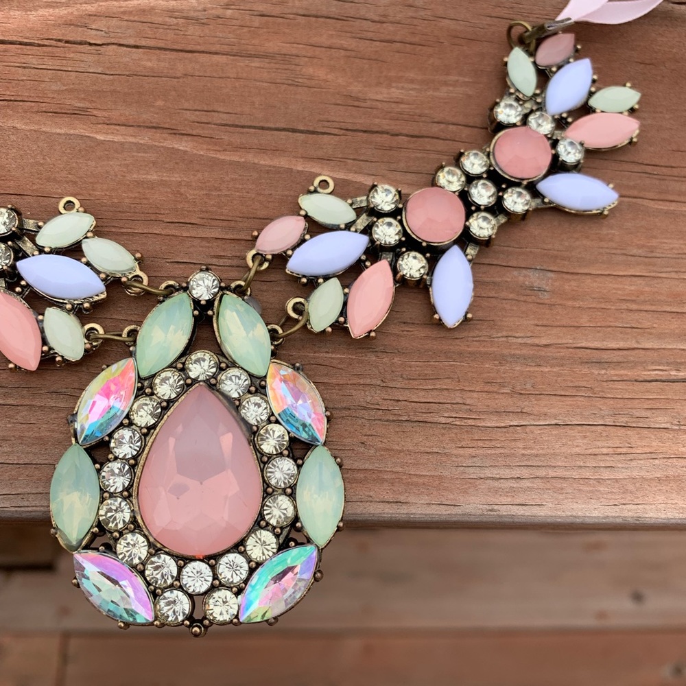 Pink Green White Jeweled Teardrop Necklace - Picture 4 of 8